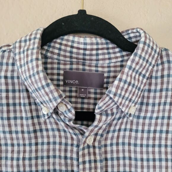 Vince 100% Linen Tattersall Button Front Shirt Mens Med Long Sleeve Lightweight - Picture 2 of 5